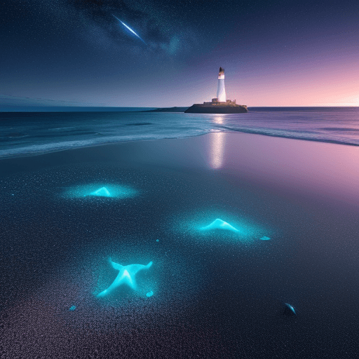 AI generated: the beach nearby is full of colorful glowing stones in the distance, there are lighthouses lights, l...