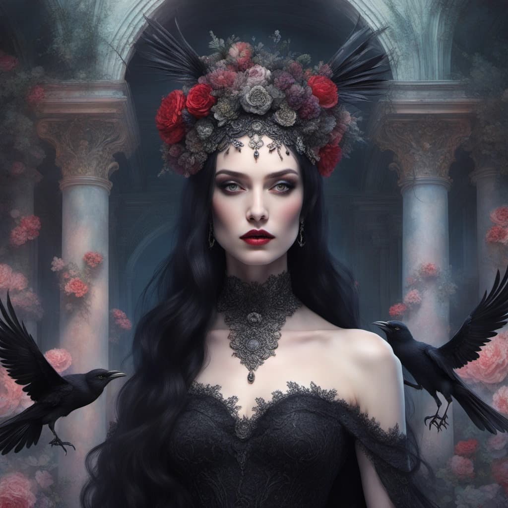 AI generated: Ethereal Gothic queen with raven black hair and blood-red eyes, her pale skin glowing under a moonli...