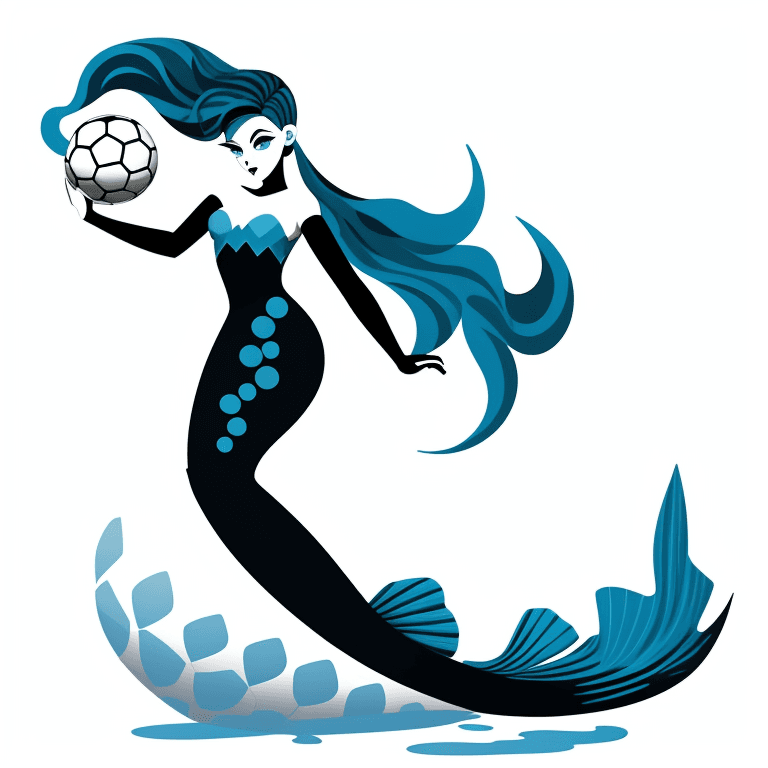 AI generated: pose mermaid holding soccer ball. black and blue. cartoon abstract stylized design. stylized girl wi...