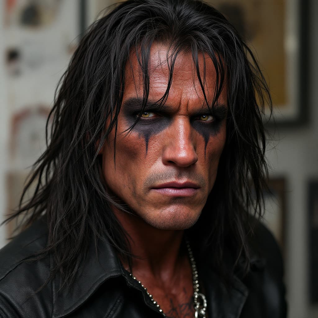 AI generated: Hyper realistic photo realistic photo of arnold schwarzenegger wearing the clothes of an emo scene k...