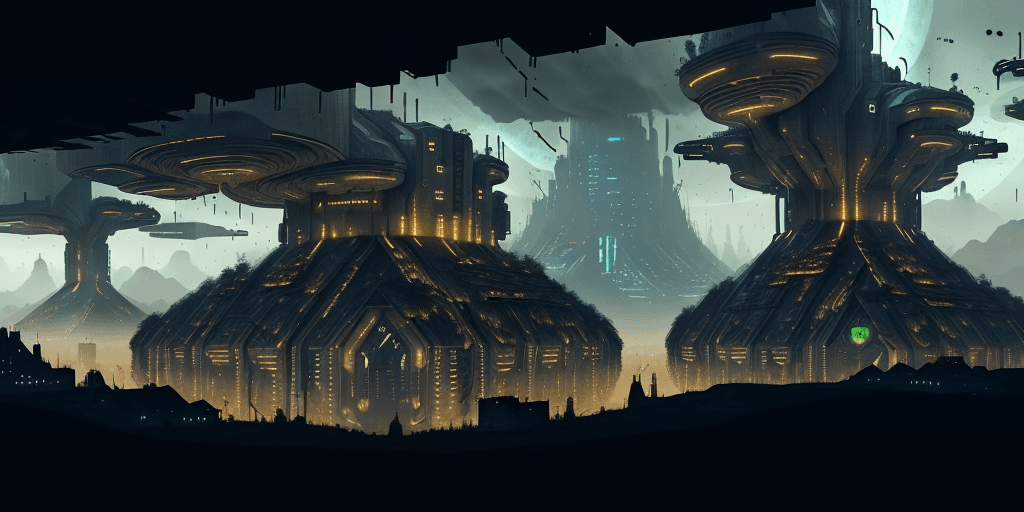 AI generated: village for cyborgs, future-oriented, dystopia, cataclysm,  