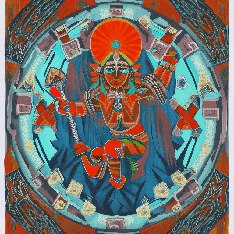 AI generated: Indian fox shaman, suspended mid-air, with elongated arms clutching a shattered sword and encircled ...