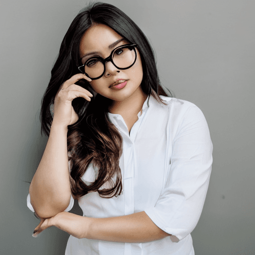 AI generated: an image of woman, full body , round glasses , brown curvy hair , asian , wearing white shirt , blac...