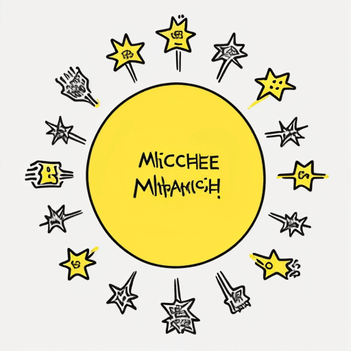 AI generated: simple magic themes such as stars, witch's broom, glasses, witch's wand, white background, “Mischief...