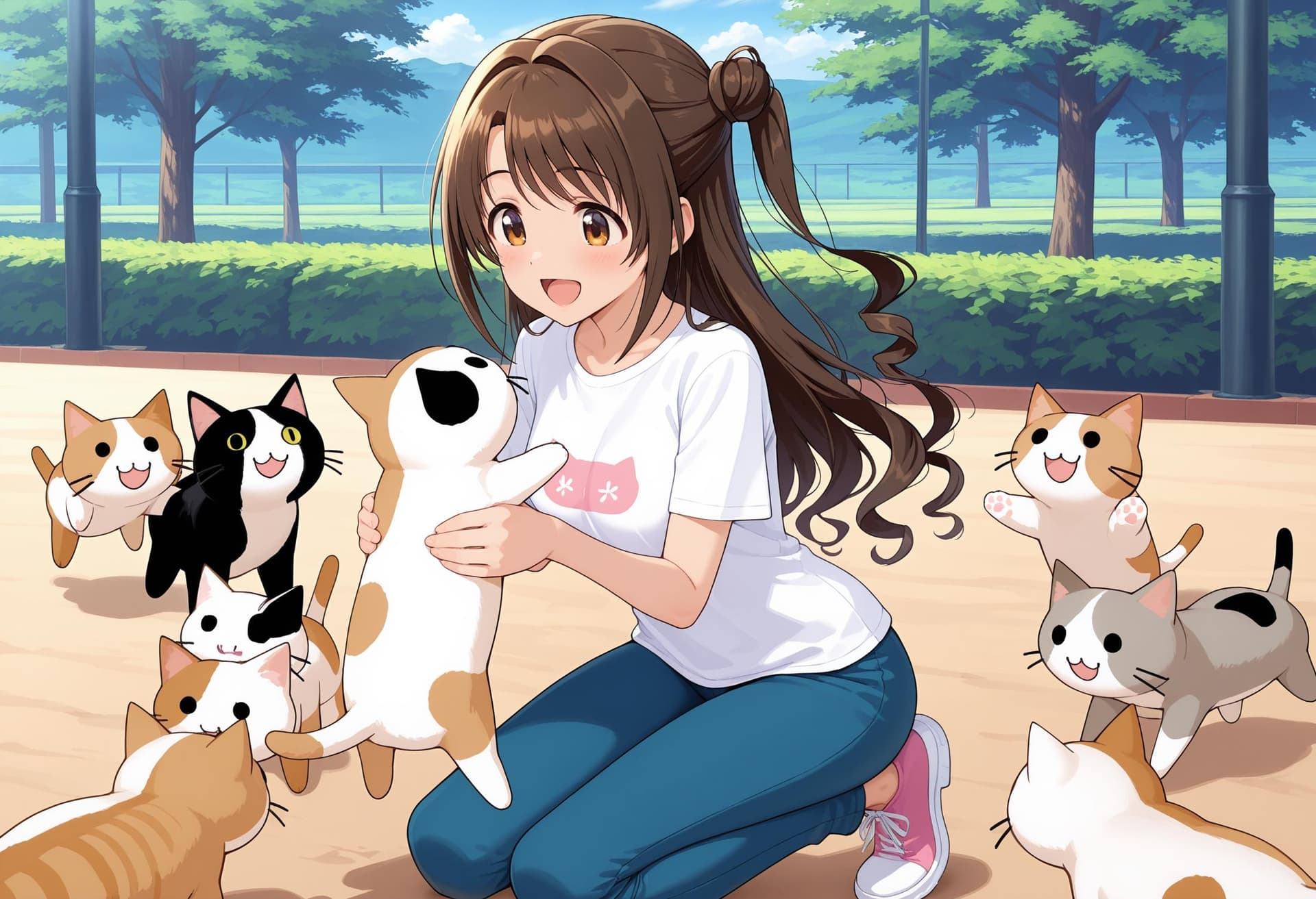 girl playing with cats and dogs