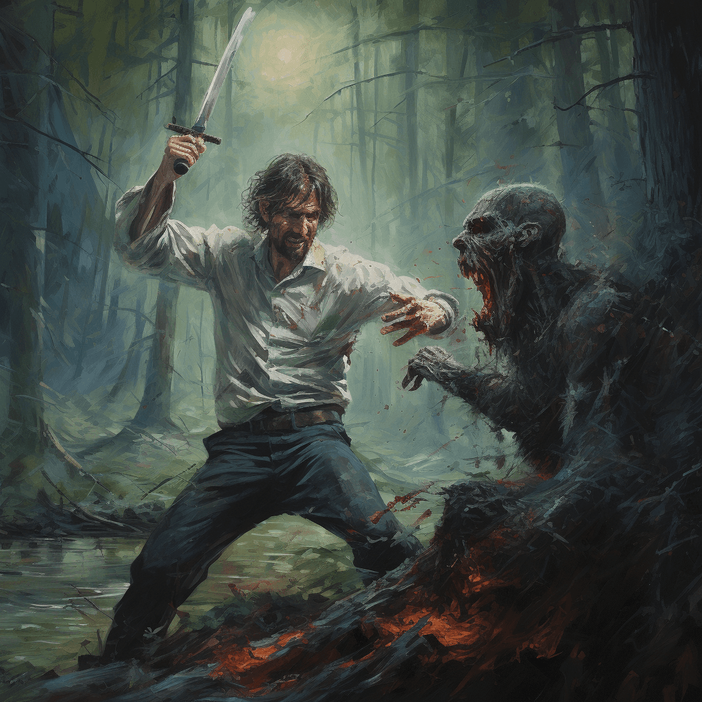 AI generated: alaska survivor with katana fighting zombie, forest background, phororealism--ar 9:16