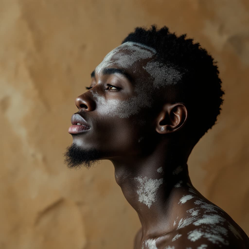 AI generated: Androgynous Afro-American man with vitiligo, side profile, soft lighting, raw textured background in...