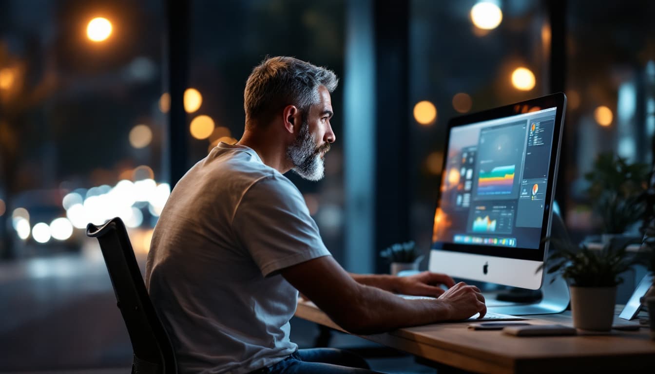 AI generated: high resolution photograph, modern-minimalist workspace, focused designer man with hoary grey hair a...