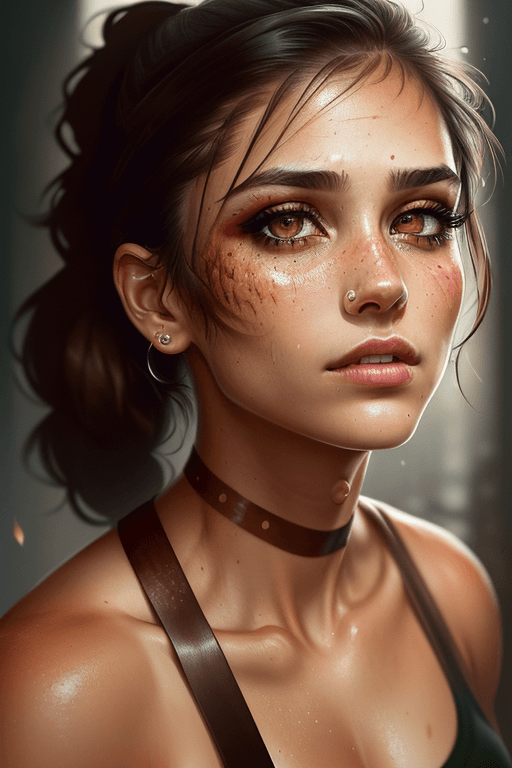 AI generated: ((head to waist Portrait, gouache illustration) of tomb raider, raining, worn torn khaki shorts, loo...