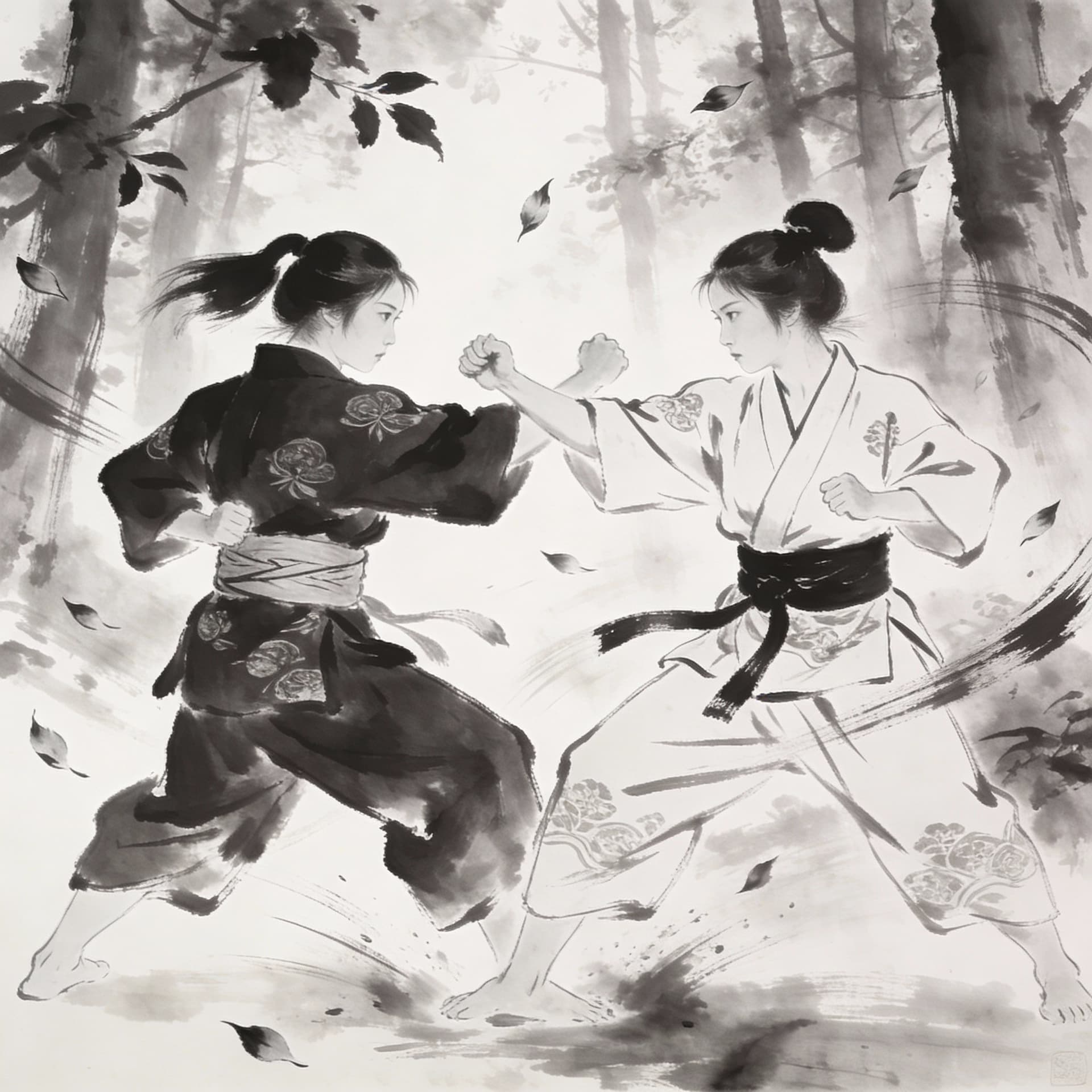 AI generated: two Japanese women karate fighting in a forest, in the style of traditional Japanese ink painting, t...