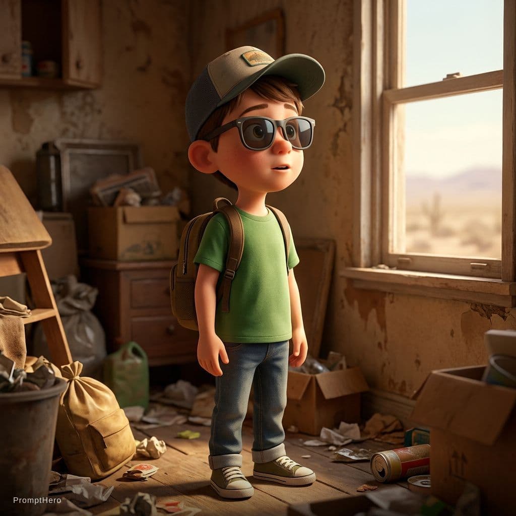 AI generated: A Pixar-style animated portrait of a young, quirky boy wearing a cap, sunglasses, a green t-shirt, j...