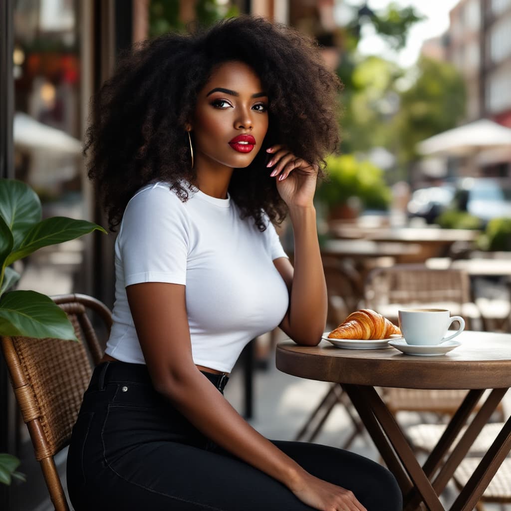 AI generated: Chic Café Morning – A stunning African American model with deep brown skin, voluminous curly hair, a...