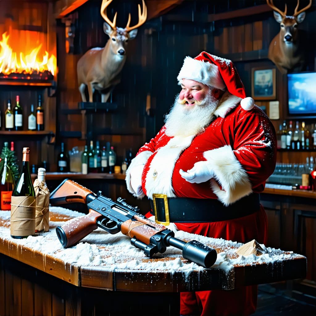 AI generated: masterpiece, best quality,a fat Santa Claus standing in a dim lit bar, with stuffed rain deer heads ...