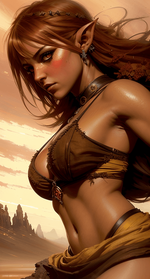 AI generated: ((full body pinup of the most beautiful half-elven Instagram model in the world)), ((action shot)), ...
