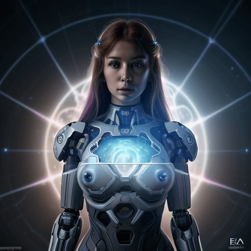 AI generated: an award winning photograph of a beautiful woman, halo, intricate cyberpunk robot, highly detailed, ...