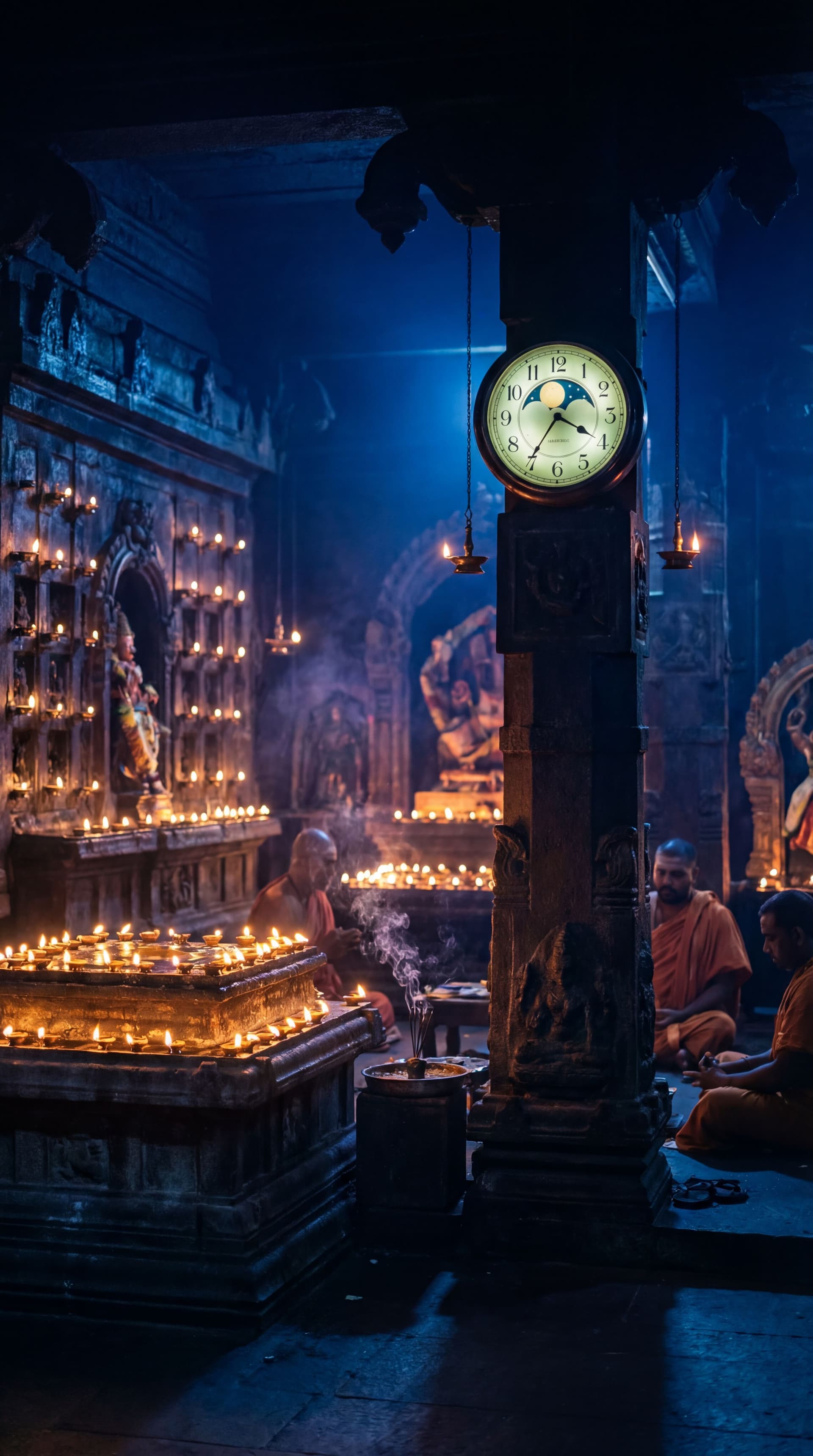 AI generated: Midnight temple interior, oil lamps flickering, wall clock glowing softly, deep blue tones, sacred a...