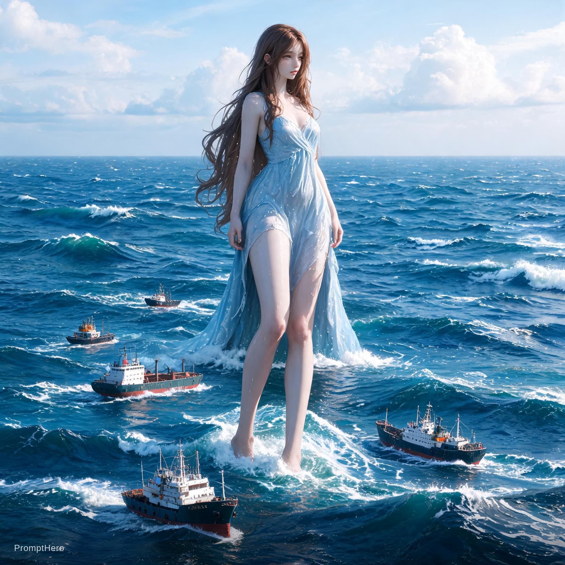 AI generated: woman giantess at sea

