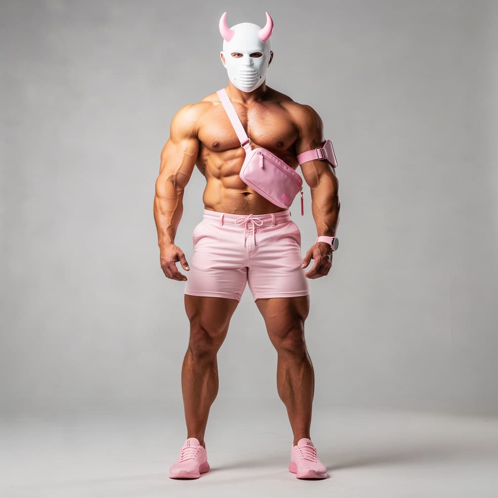 AI generated: A big muscular man wearing light pink short shorts and with a light pink arm band and small light pi...