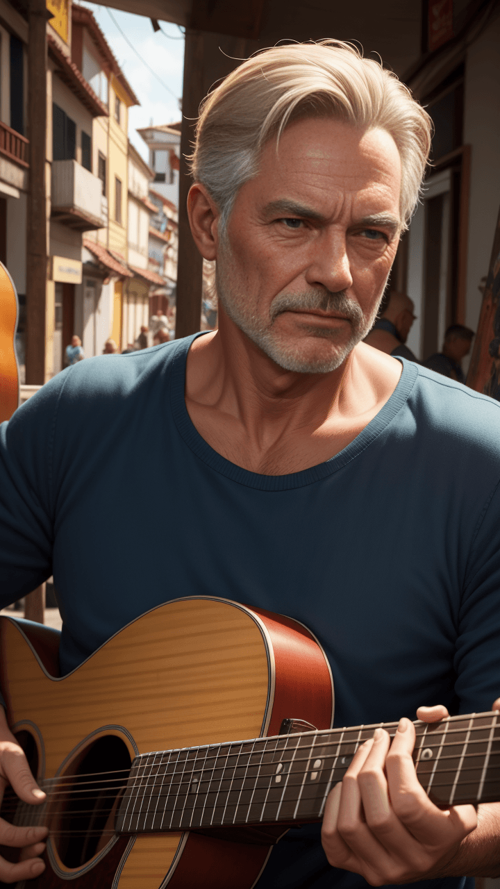 AI generated: adult man approximately 50 years old, handsome playing guitar in a nice little Colombian town with P...