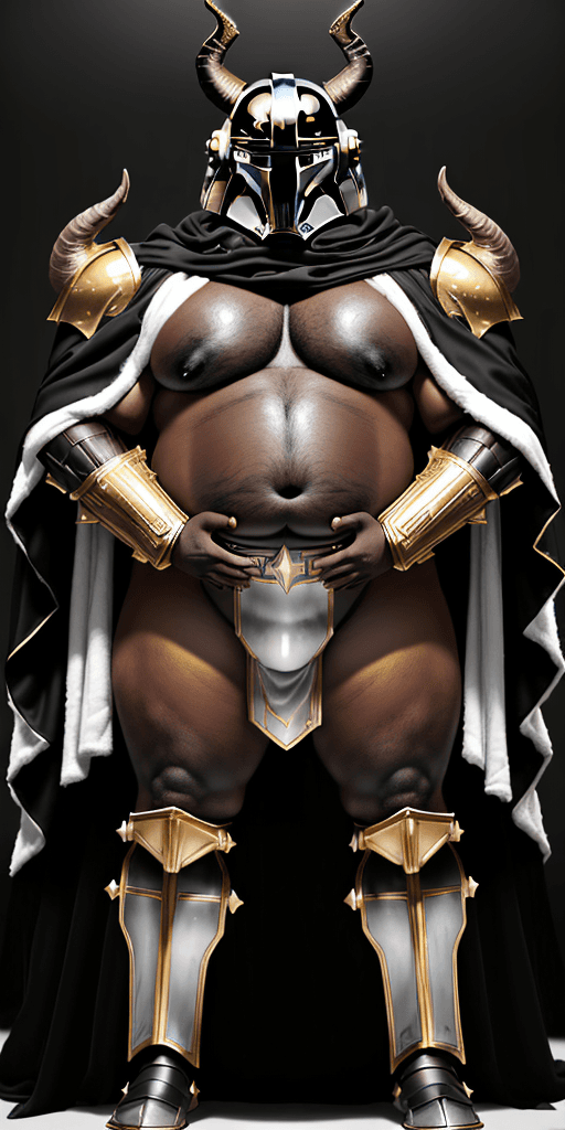 AI generated: human male, large, dark skin, Mandalorian Stormbringer helmet in black and gold, shirtless, white-fu...