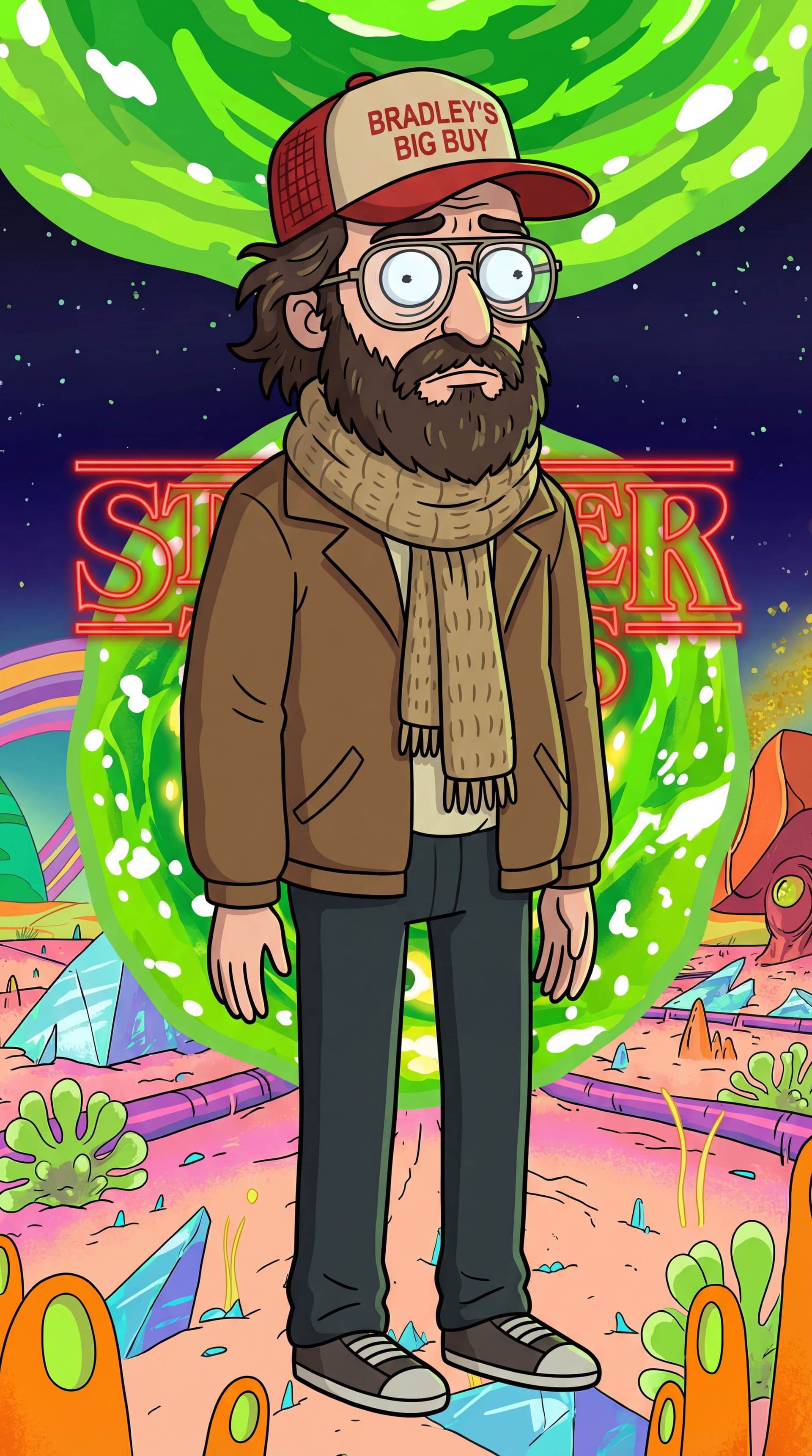 AI generated: Generate full-body Stranger things 
Murray Bauman characters in the iconic Rick and Morty animation ...