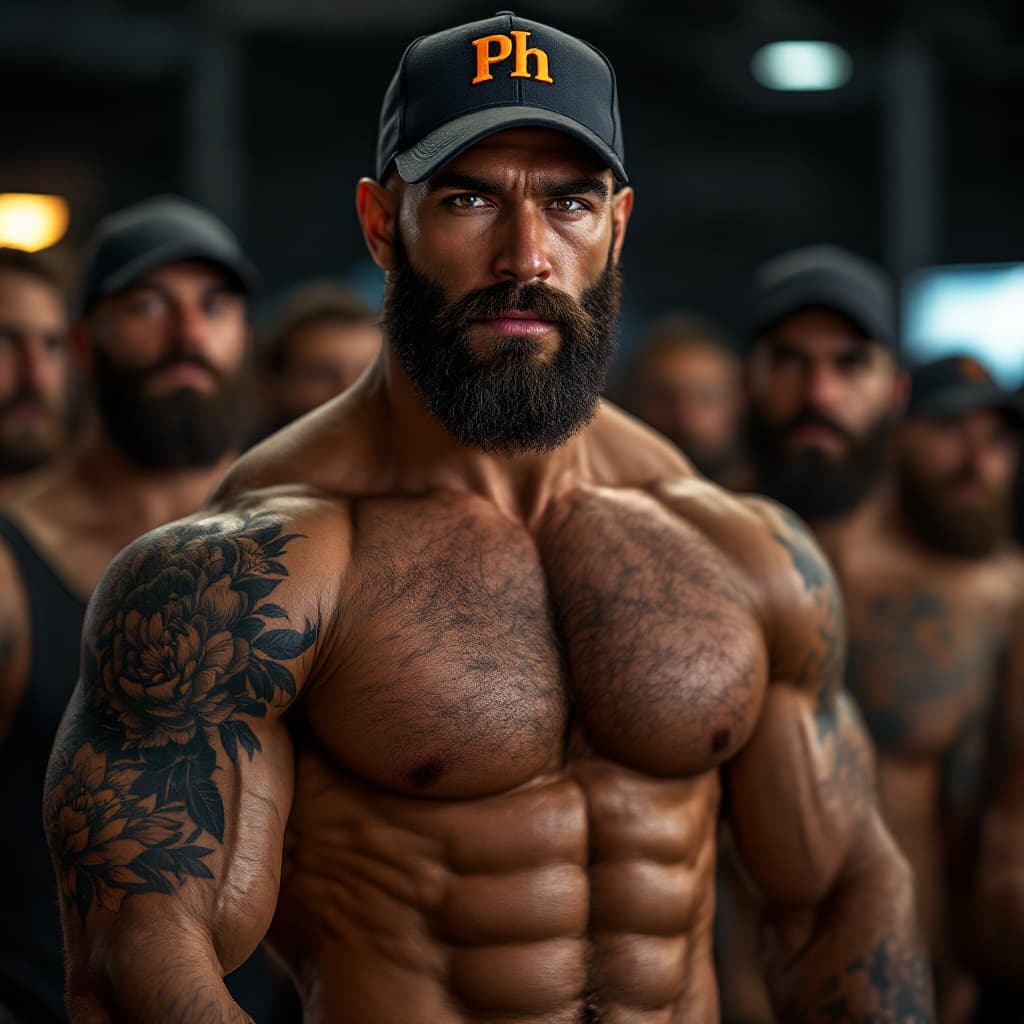 AI generated: "A muscular, hairy man with an intense and confident expression, featuring deep-set brown eyes, a st...
