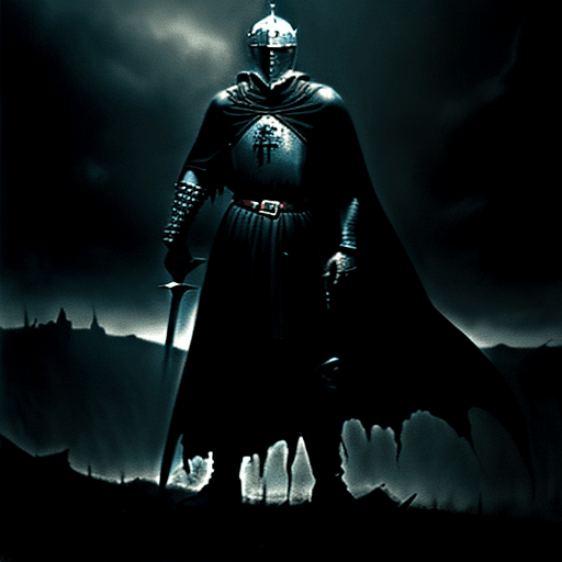 AI generated: A knight in a rugged cape with two sword standing in a destroyed landscape, 80s dark fantasy, dark f...