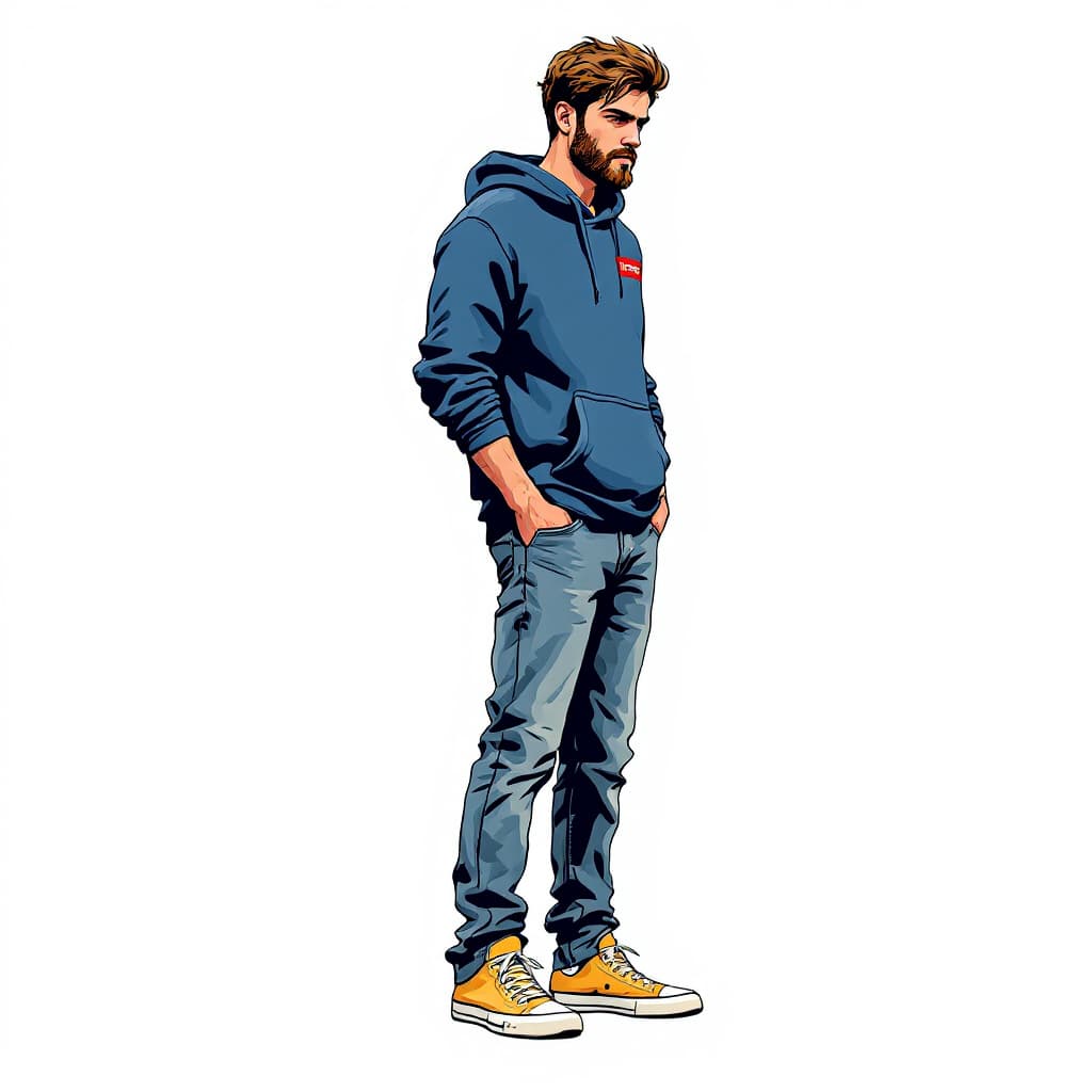 AI generated: Una ilustración de cuerpo entero en estilo de pegatina de un joven con cabello castaño y una barba l...