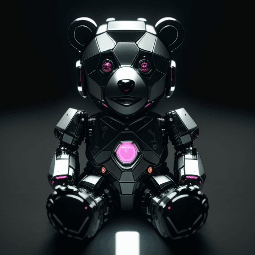 AI generated: create a cute toy bear, sharp focus, cyborg, made with mechanical parts, mechanical body, shiny, cyb...
