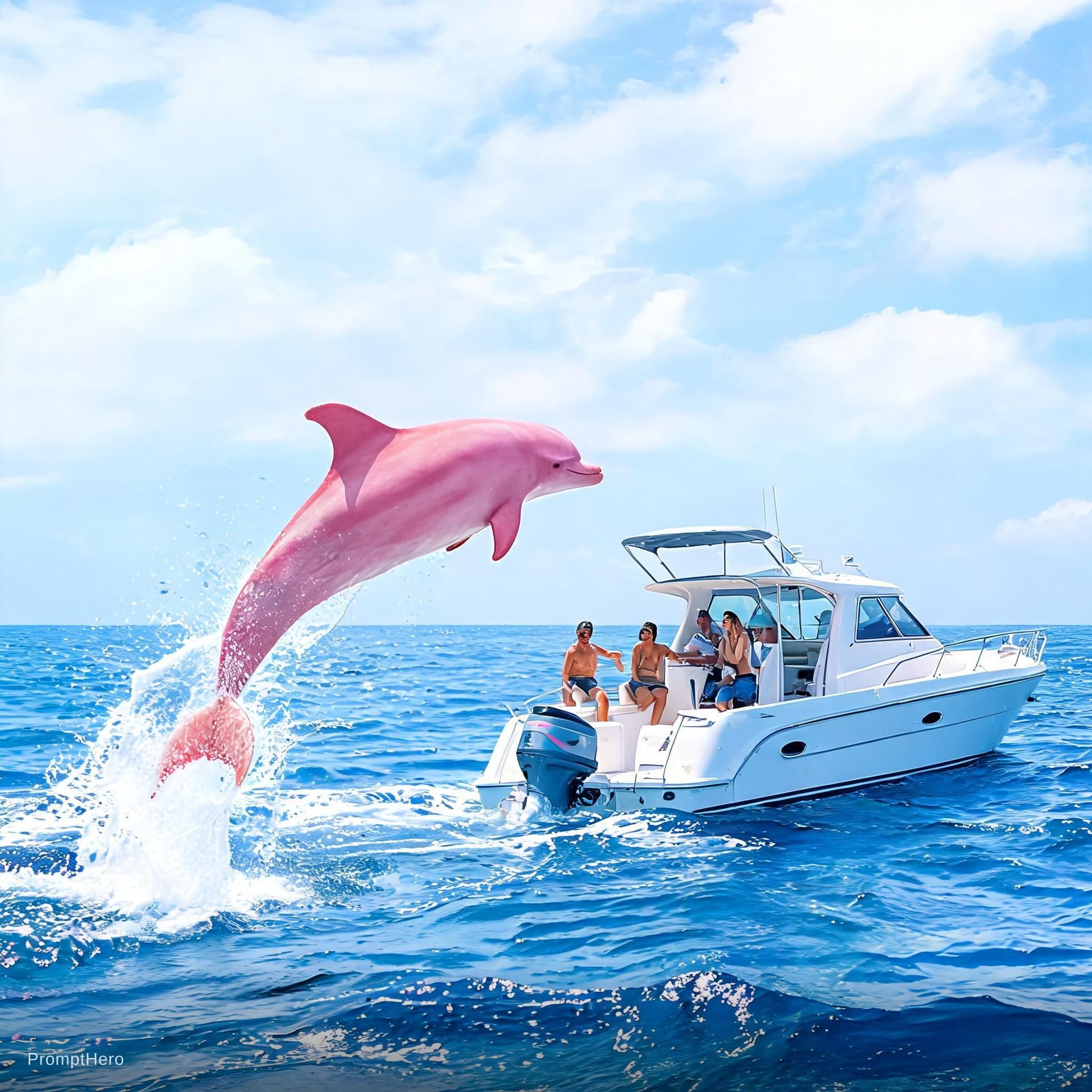 AI generated: delfin rosado saltando en el mar junto a un bote con personas