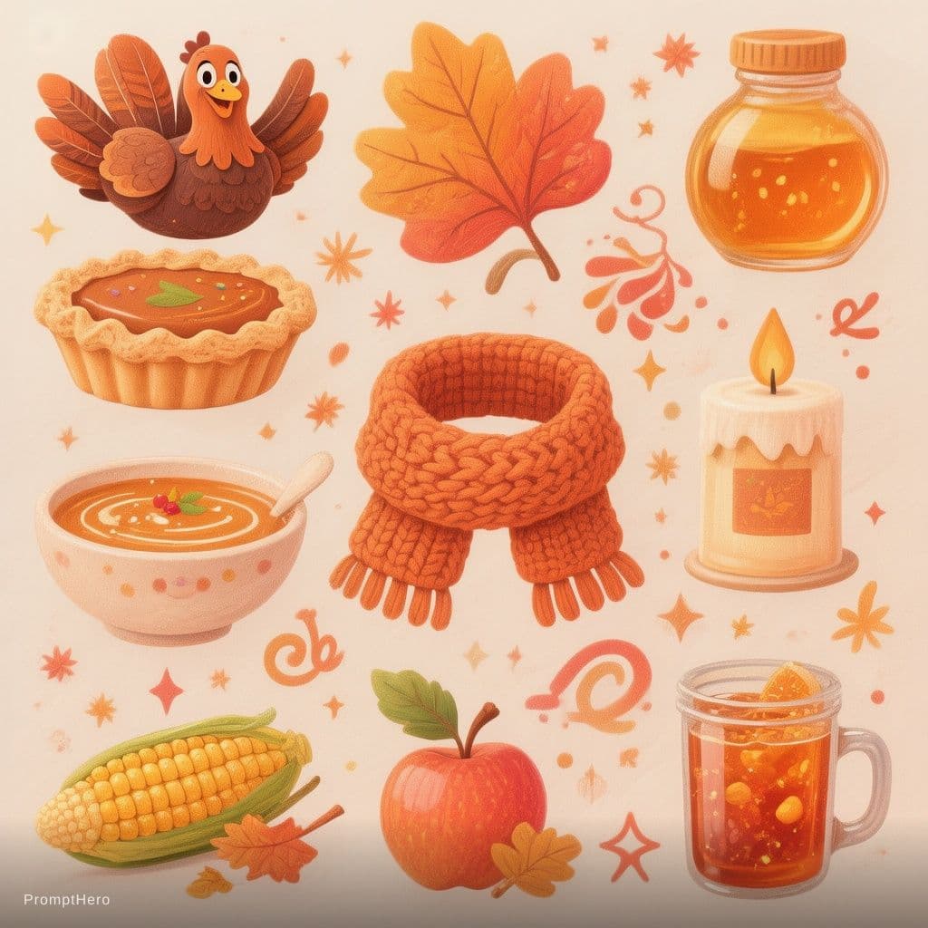AI generated: “Set of 8–10 cute hand-drawn vector icons featuring Thanksgiving and cozy autumn celebration themes,...