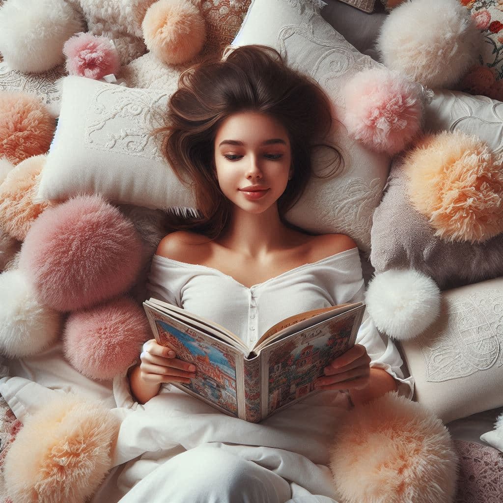 AI generated: A girl lying on a bed, surrounded by fluffy pillows, relax, reading a BAZAAR; Photo by Alexandr Tikh...