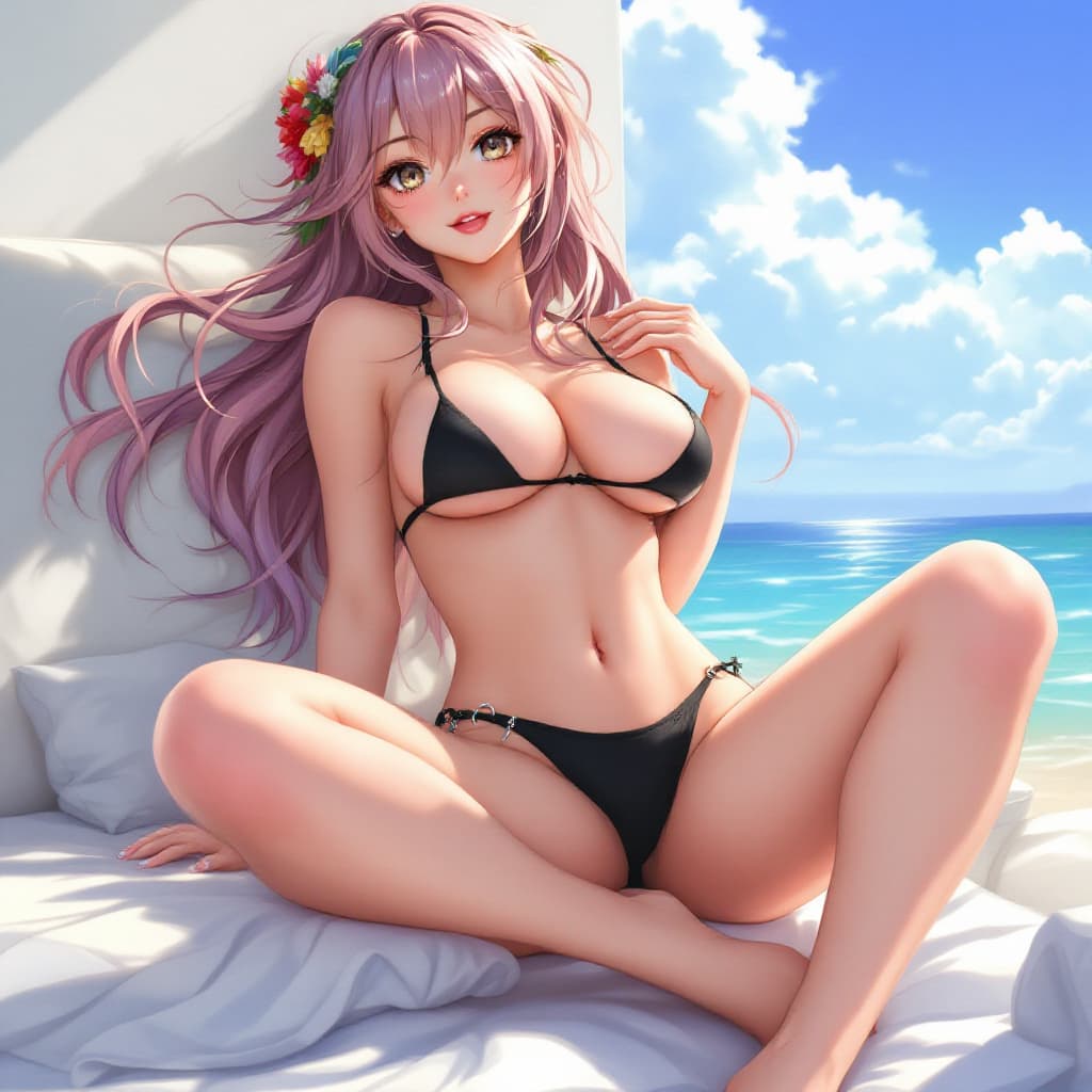 AI generated: anime girl, full body,   only in a bikini, big chest, legs spread wide