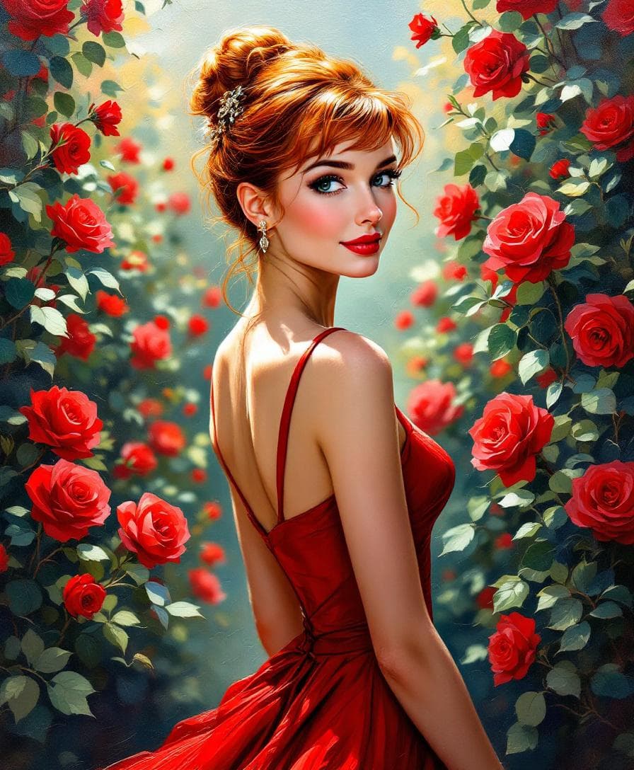 AI generated: Artistic impasto oil painting of a red-haired woman with an elegant bun hairstyle, wearing a refined...