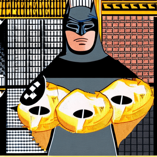 AI generated: The image features a man dressed as Batman, but with a noticeable belly fat. He is standing in a dar...