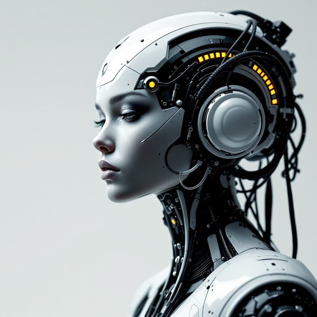 AI generated: an image of a futuristic woman in a robotic head gear, in the style of dark white and dark black, in...