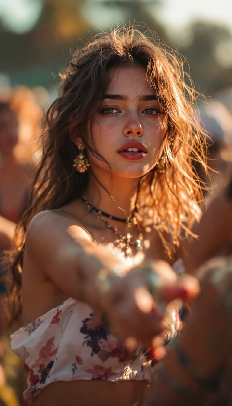 AI generated: Social media influencer photoshoot, 20-25 years old, natural pose, music festival, hyperrealistic, p...