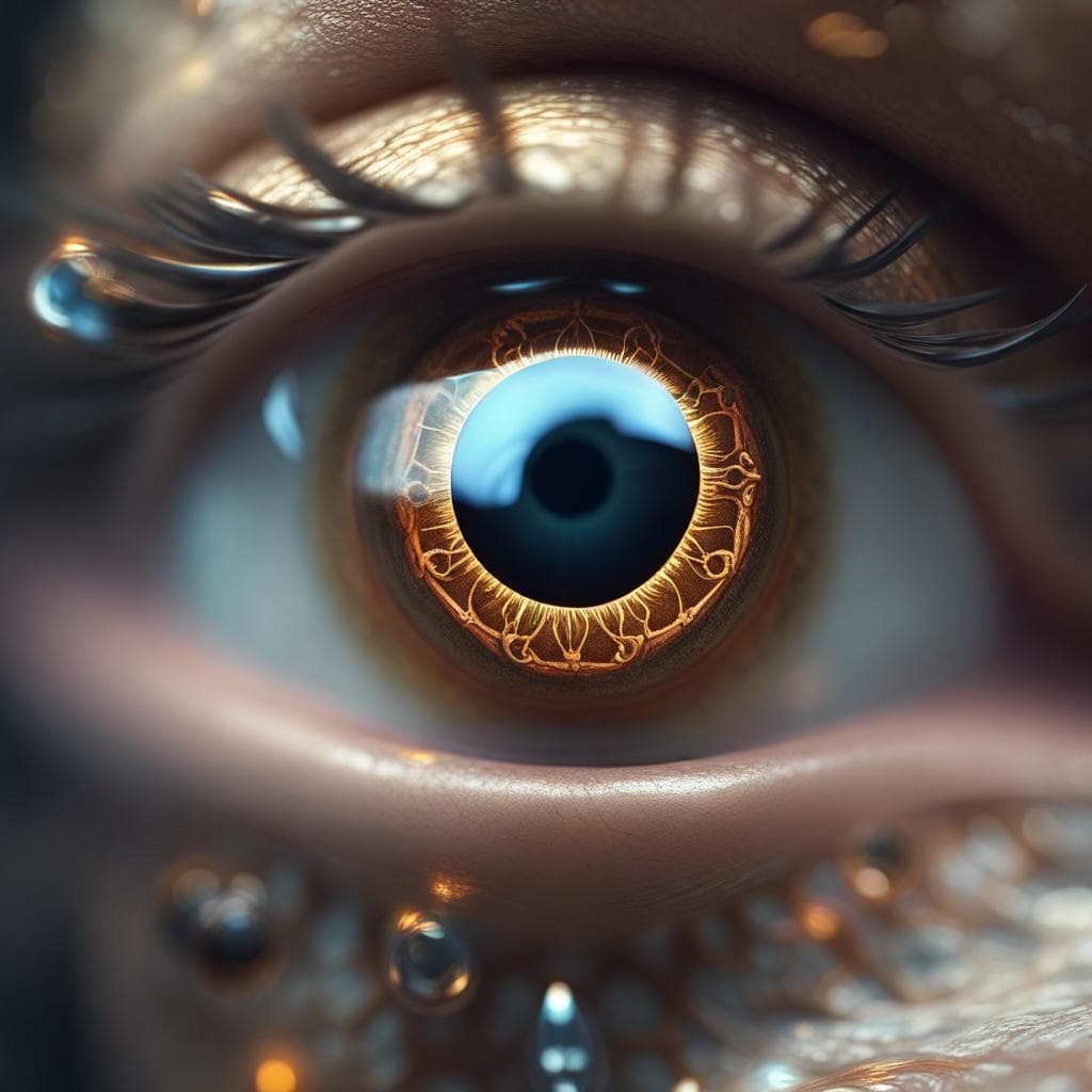 AI generated: extremely realistic, magical eye, full view of eye, blurry middle background, ornamental, macro shot...