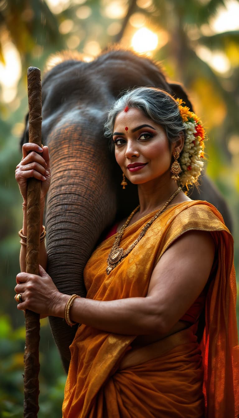 AI generated: Indian mature muscular woman in her 50s with stick in her veiny arms posing for a photograph with a ...