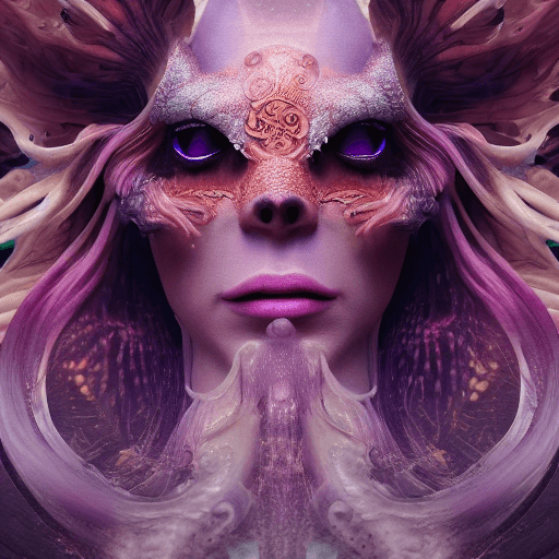 AI generated: Goddess close-up portrait ribcagel. jellyfish phoenix head, nautilus, orchid, skull, betta fish, bio...