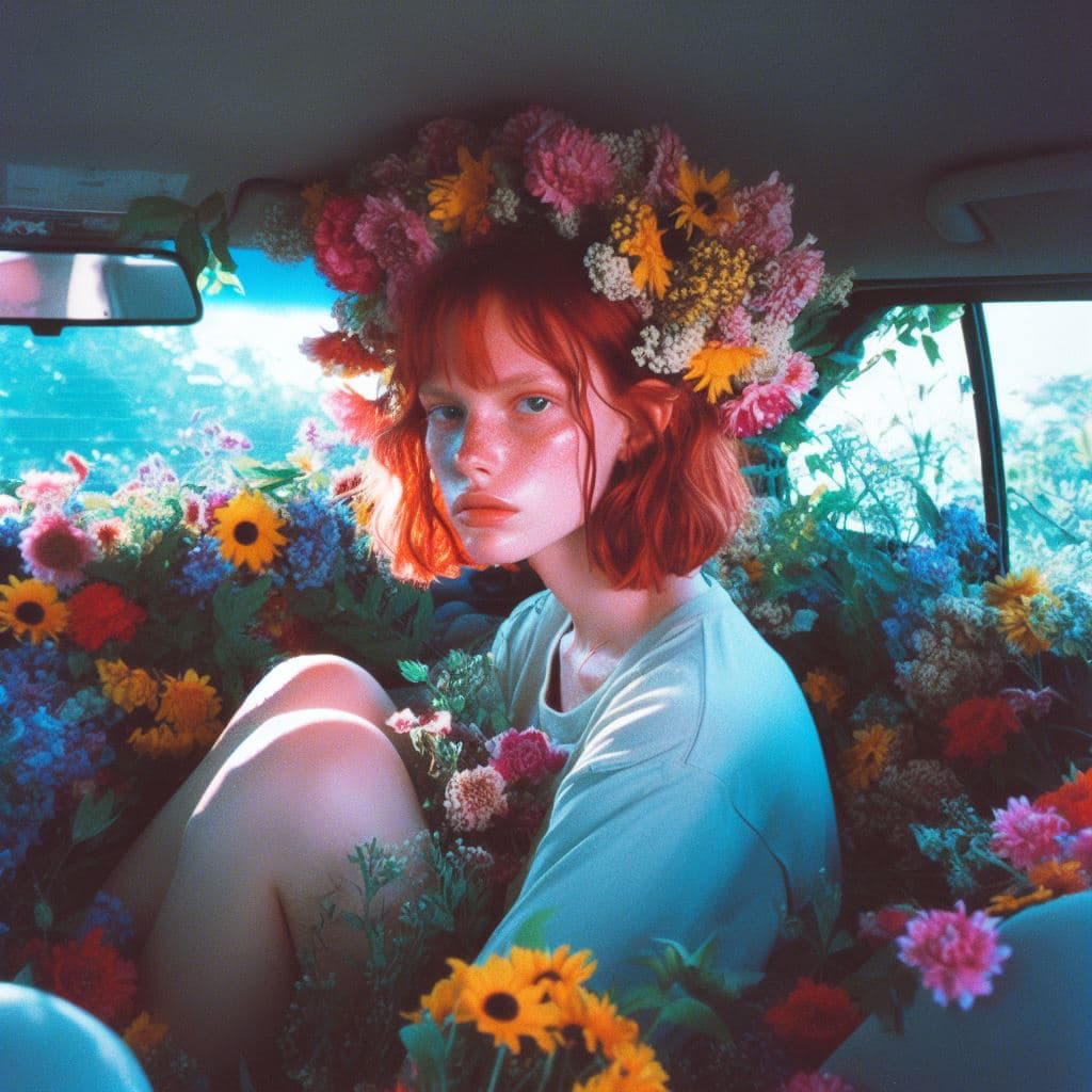 AI generated: a girl with white red hair sitting in car filled withflowers, art by Rinko Kawauchi, in the style of...