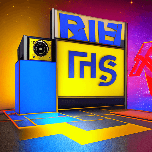 AI generated: Draw a modern radio station, in the upper part a sign that says: "TheisRadio", 3D, metallic lights, ...