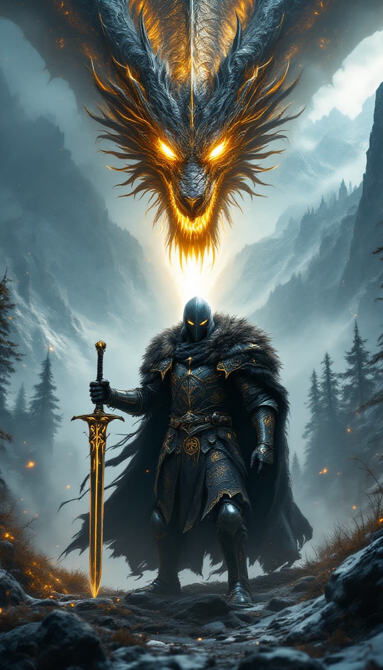 AI generated: An ultra-realistic, wide angle, front facing, full-body portrait of a formidable German Rune Knight ...