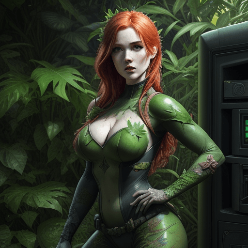 AI generated: ultra detailed photo shot of a woman (Jia Lissa) dressed as Poison Ivy, biophilic design, floral, bi...