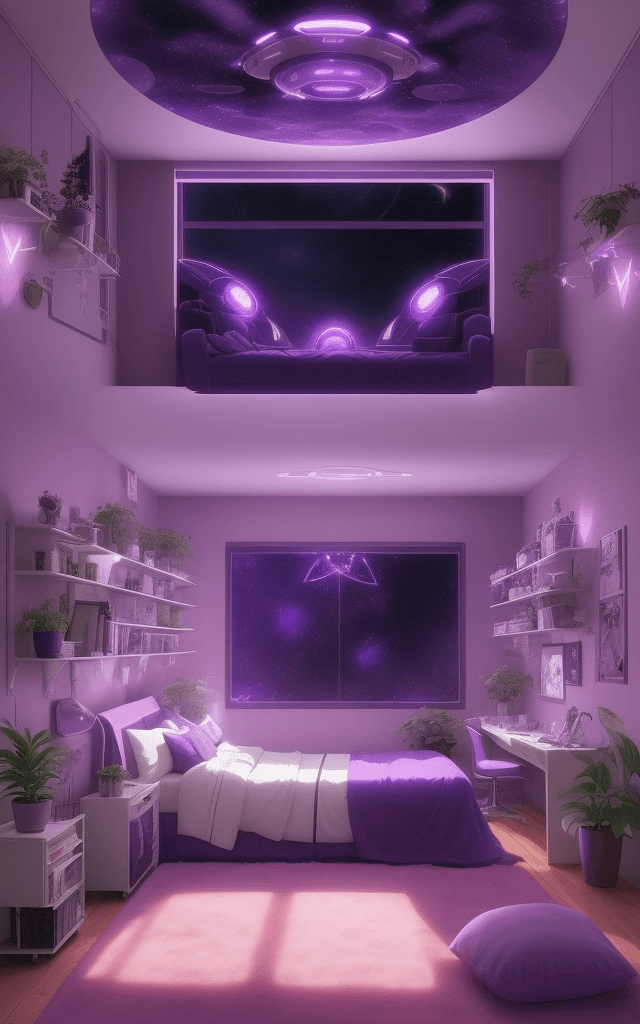 AI generated:  aesthetic spaceship bedroom, anime style, night, plants, cute, purple soft star lights, calendar on...
