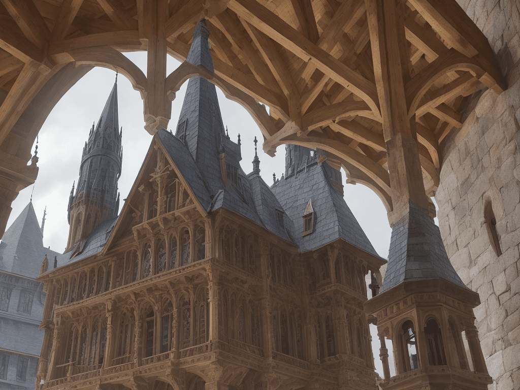 AI generated: The building's architecture is a mix of stone and wood, with a prominent tower that rises from the c...