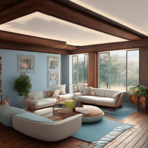 AI generated: High resolution photography interior design, dreamy sunken living room conversation pit, wooden floo...
