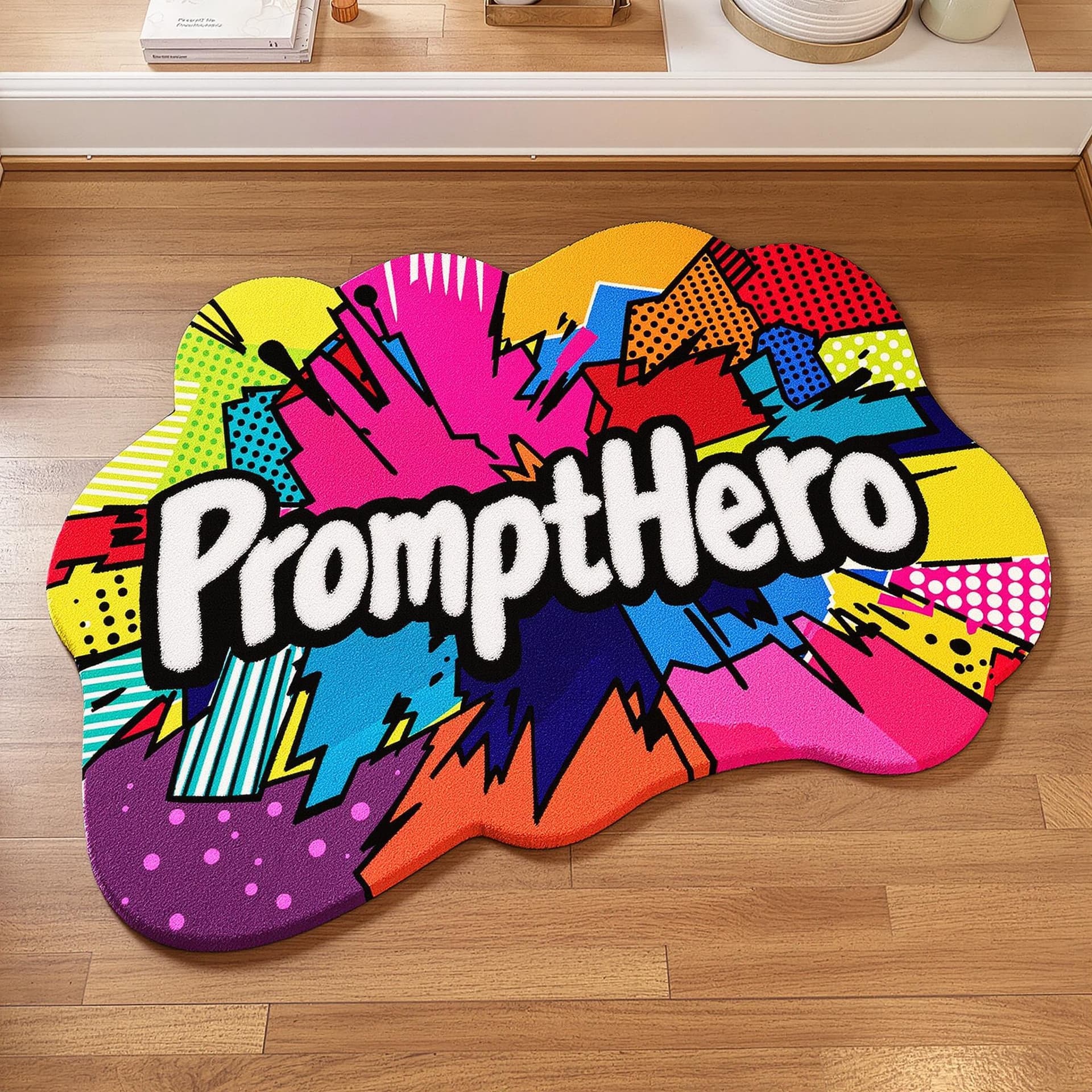 AI generated: "A vibrant, multi-colored custom rug lying on a wooden floor, with the word 'PromptHero' boldly writ...
