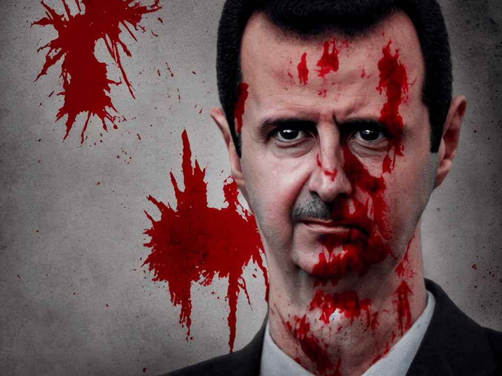 AI generated: portrait of Bashar al-assad with sad face and blood eveywhere, realistic, cinematic lighting, highly...