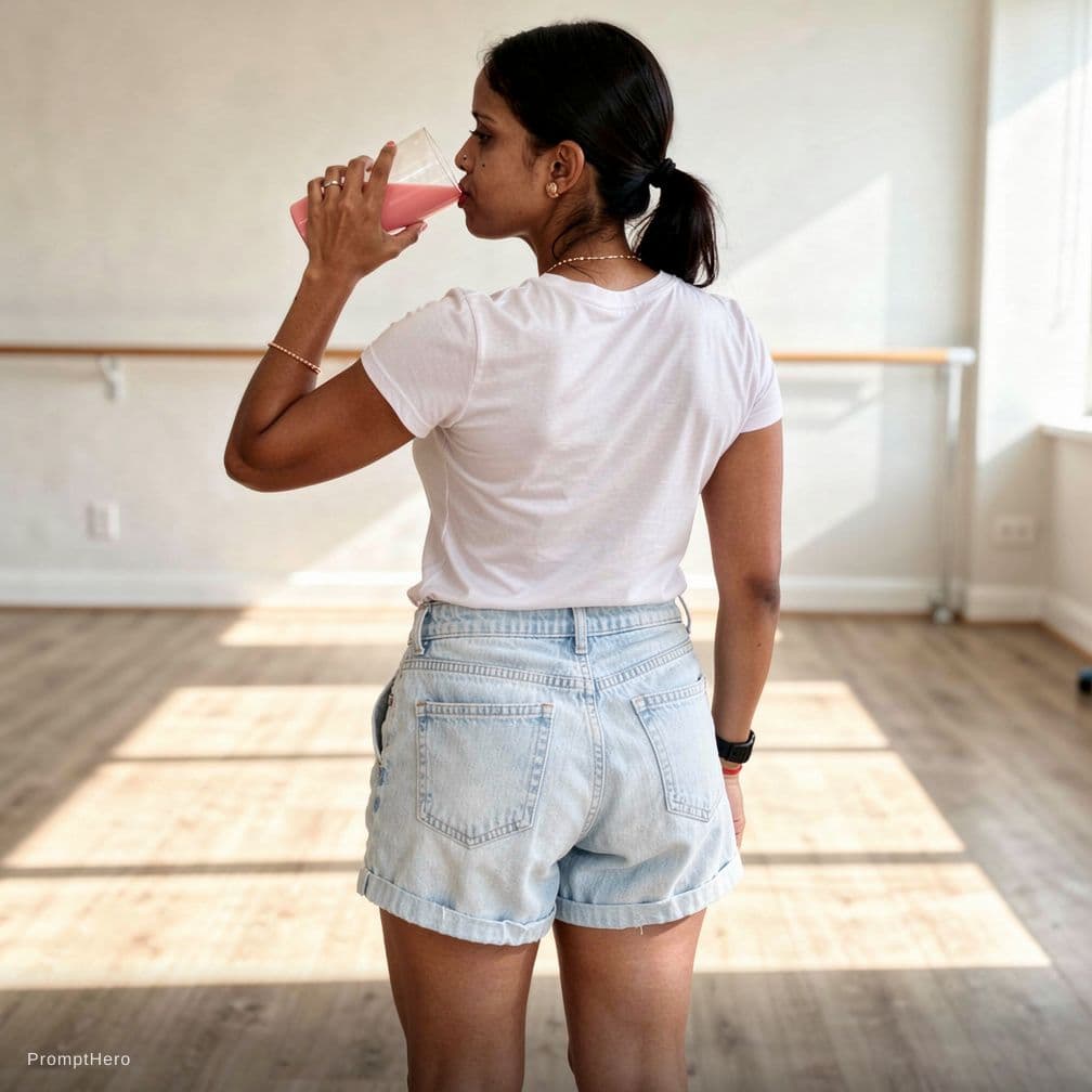 AI generated: seen from behind, woman drinking pink bevarage , standing in yoga room and wearing her denim hotpant...